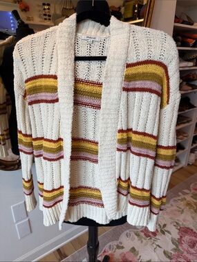 Madewell Cream Open-Front Cardigan with Yellow, Rust & Dusty Pink Stripes